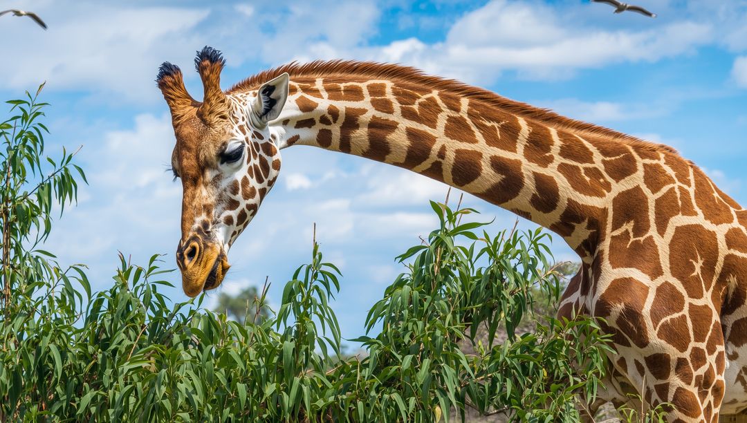 Giraffe Bending to Feed on Greenery in Nature Reserve