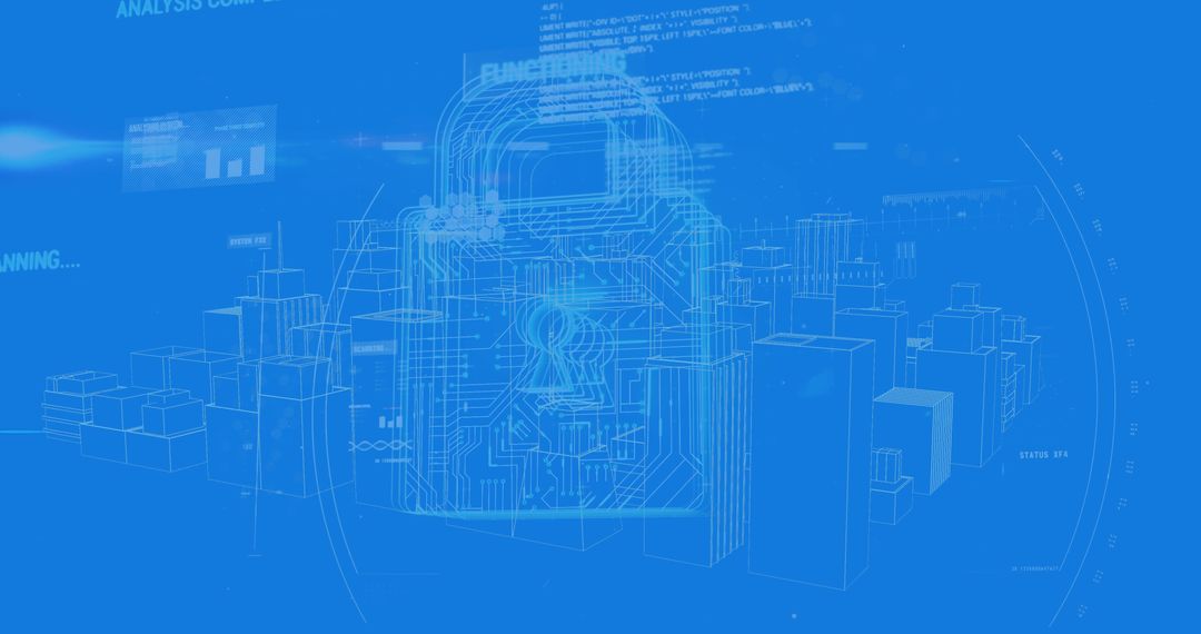 Futuristic cityscape with digital lock and programming codes