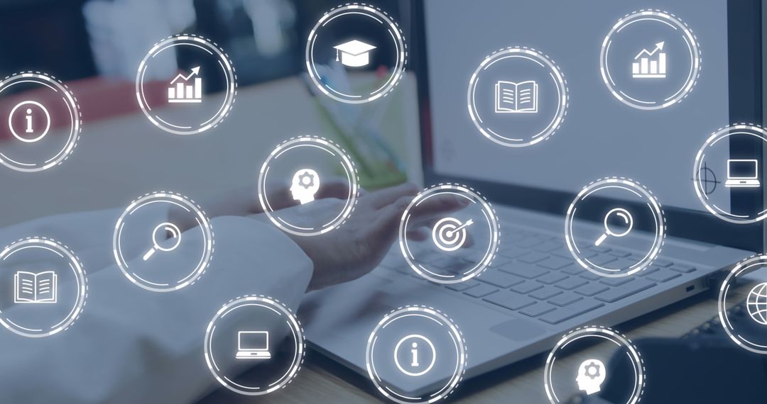 Digital Businesswoman Using Laptop with Virtual Network Overlay