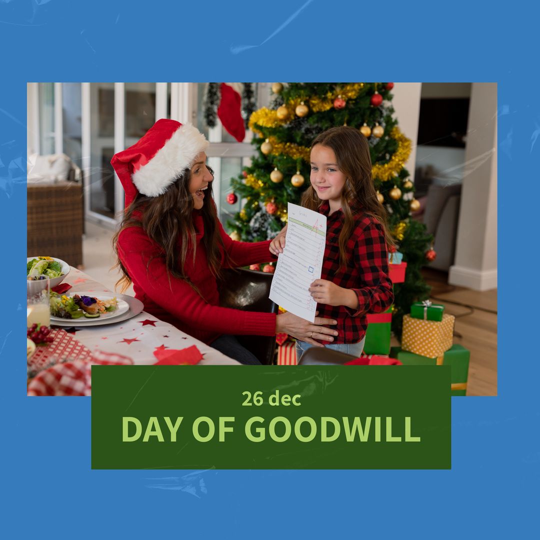 Mother and Daughter Celebrating Day of Goodwill by Christmas Tree - Download Free Stock Templates Pikwizard.com