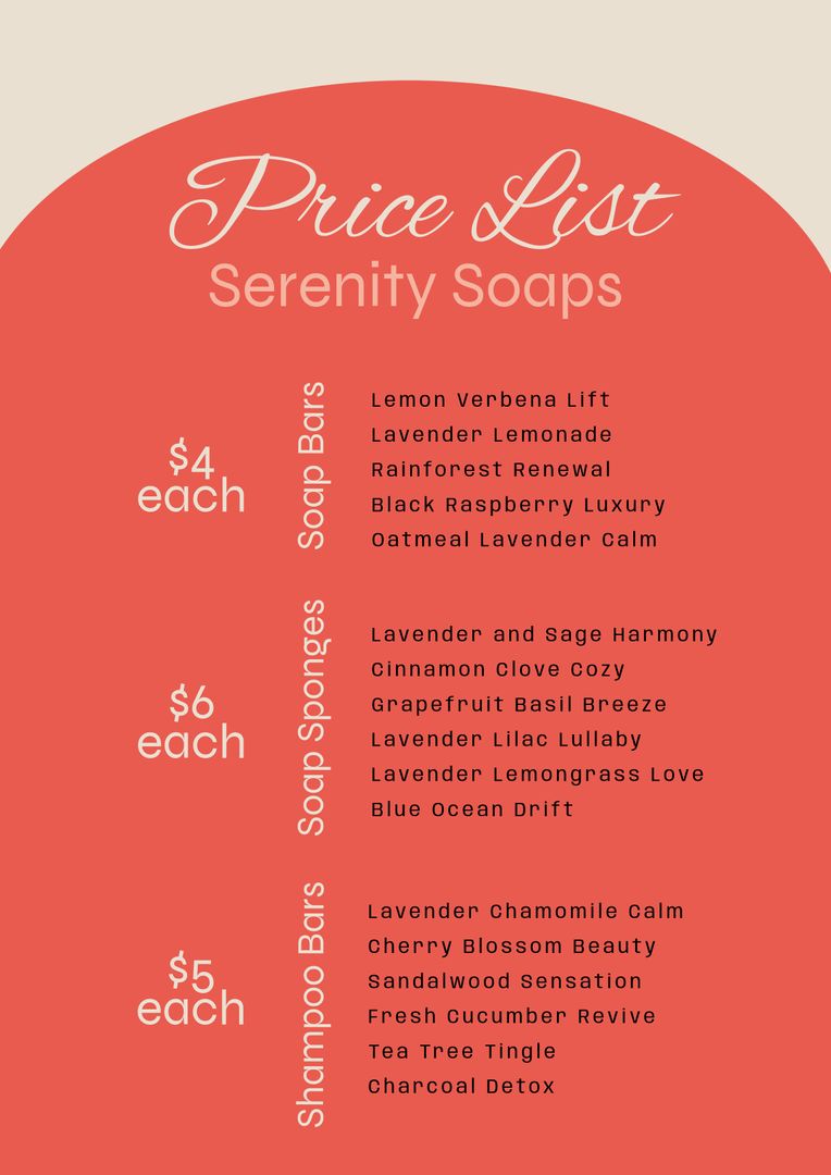 Serenity Soaps Price List Featuring Luxurious Scents and Tranquil Products - Download Free Stock Templates Pikwizard.com