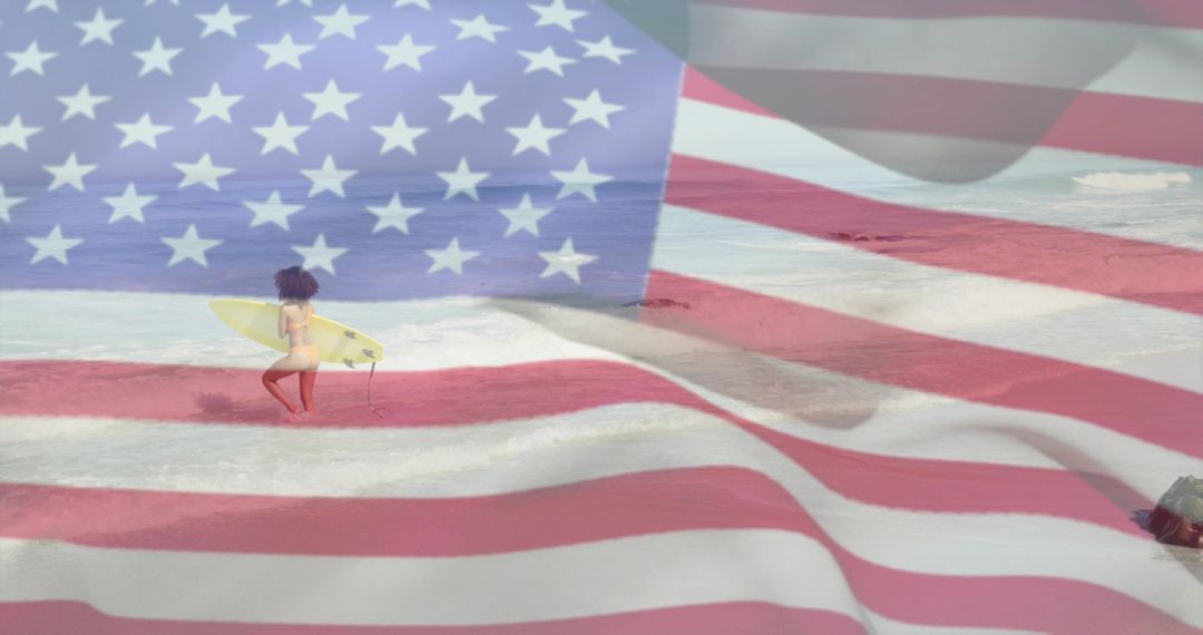 Young Surfer Walking Beside Vibrant US Beach with American Flag Overlay
