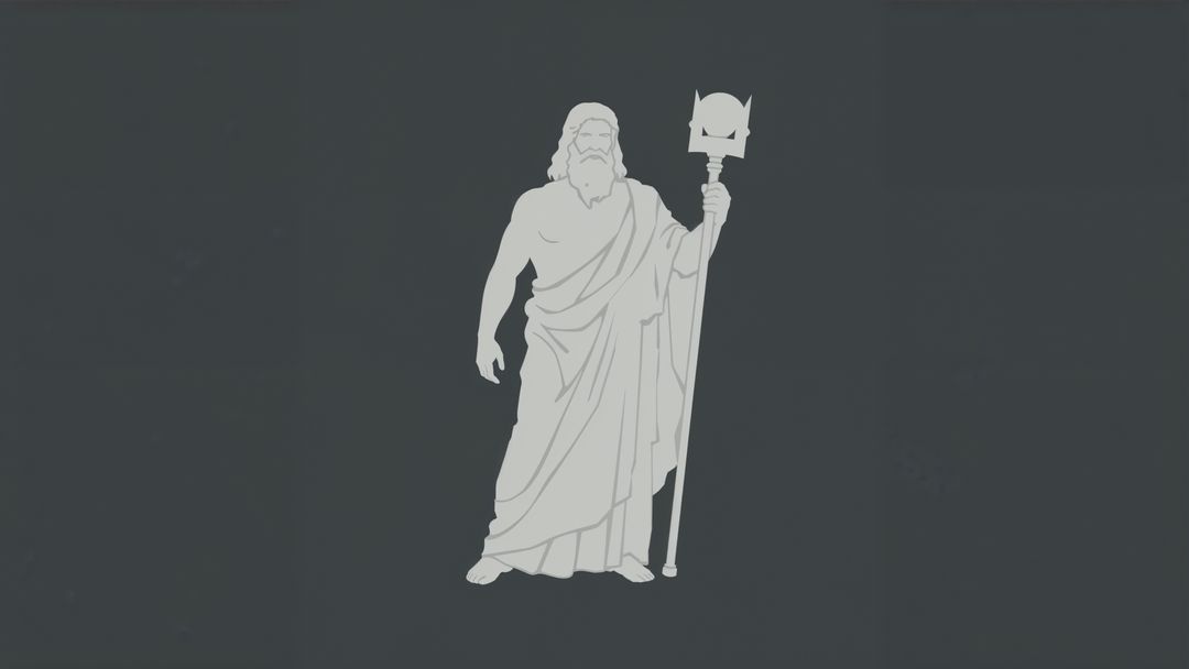 Silhouette of regal bearded zeus figure with staff on grey background