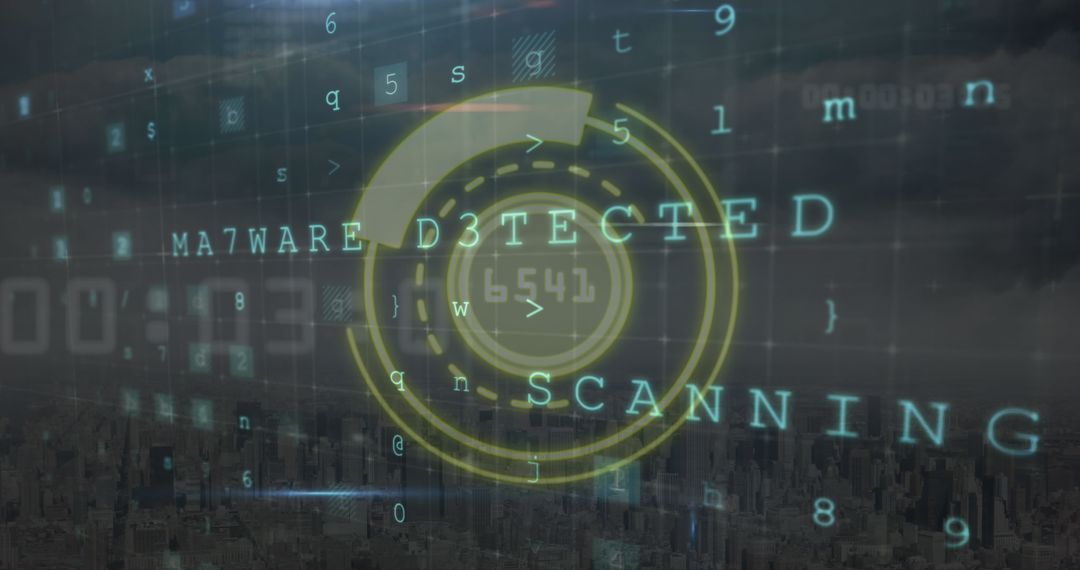 Digital Scanner Detecting Malware Over Cityscape