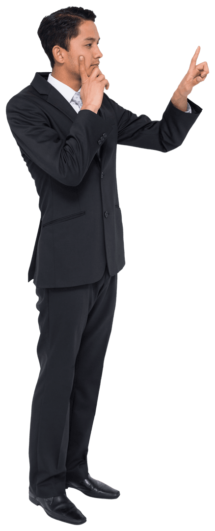 Biracial Businessman Engaging with Virtual Interface on Transparent Background