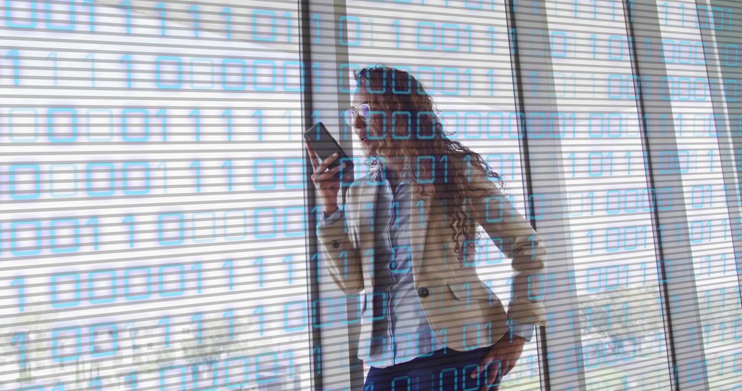 Businesswoman Communicating Through Smartphone with Binary Code Overlay