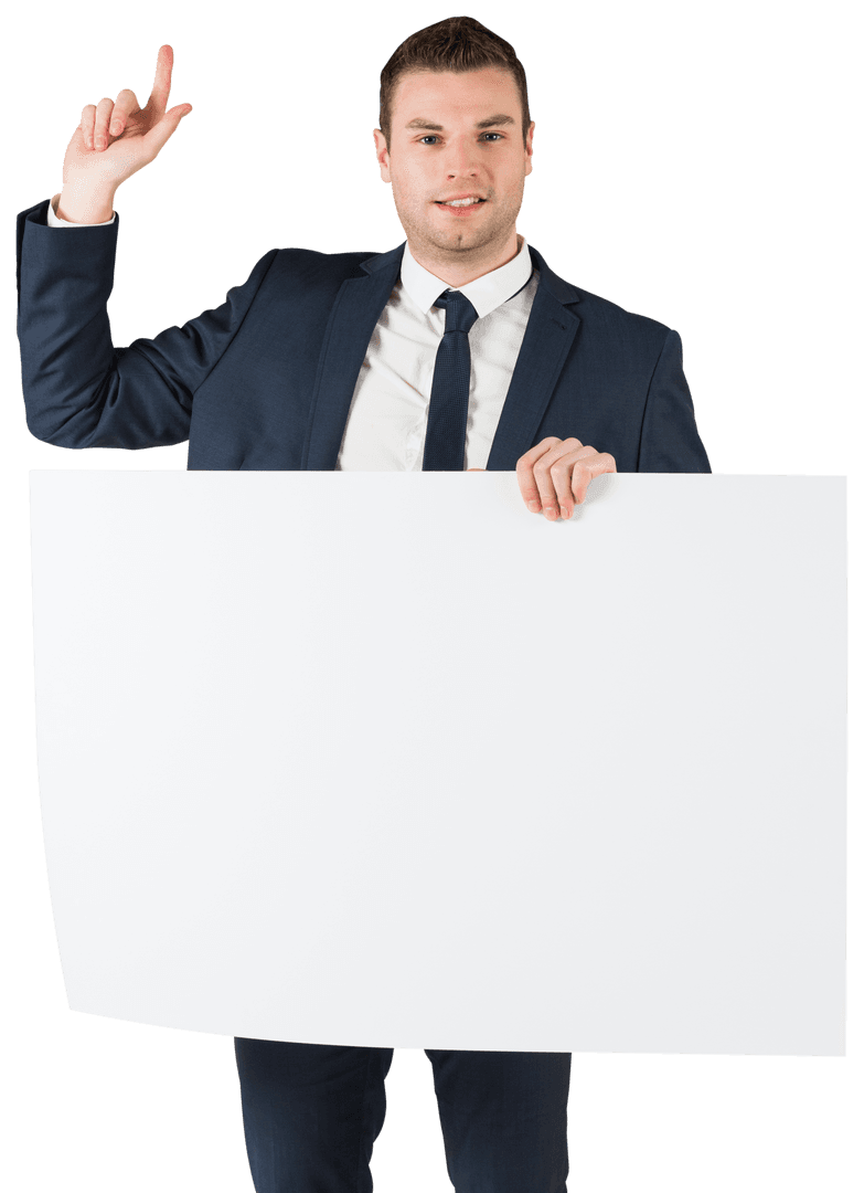 Businessman Holding Transparent Banner Pointing Upward