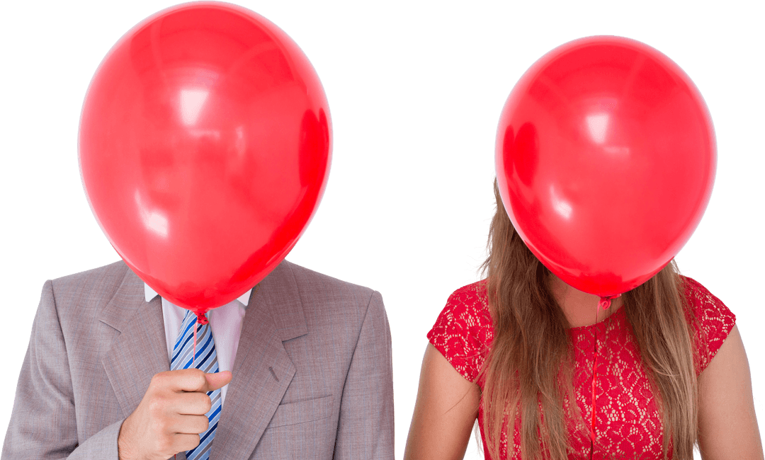 Couple with Red Balloons Covering Faces in Transparent Background