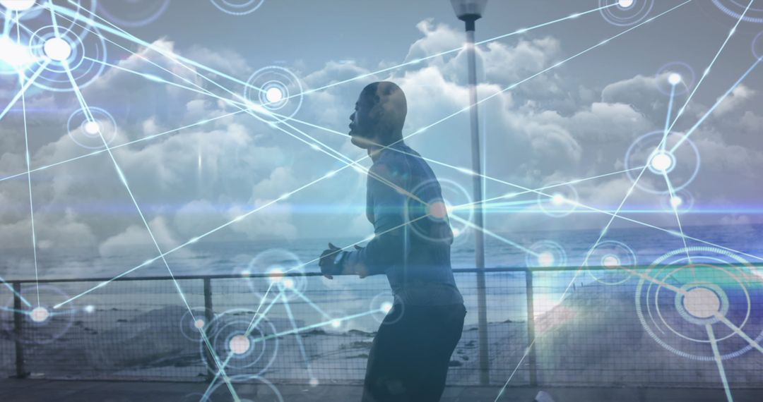 Digital Network Over Exercising Man by Ocean