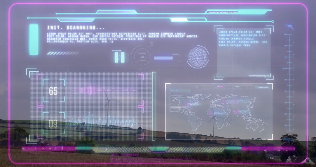 Futuristic HUD Interface Over Landscape with Wind Turbines