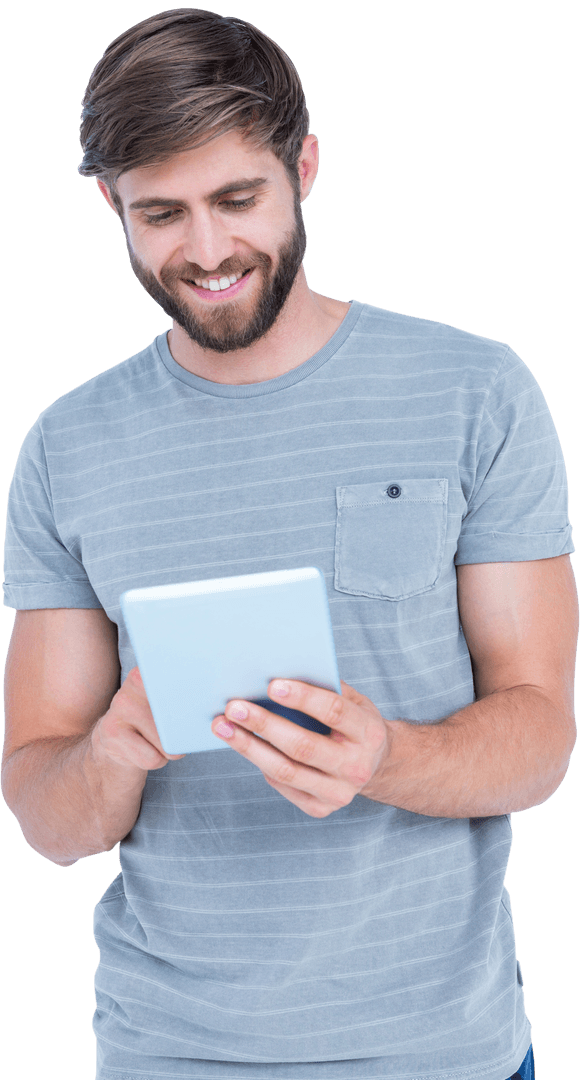 Smiling Young Man Holding Digital Tablet on White Background