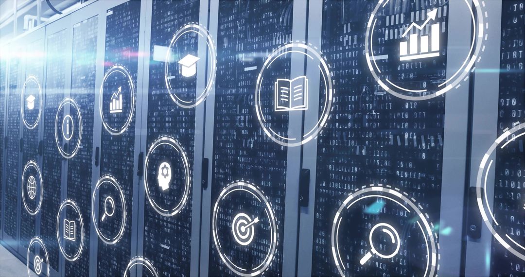 Futuristic Data Center with Floating Analytics Icons