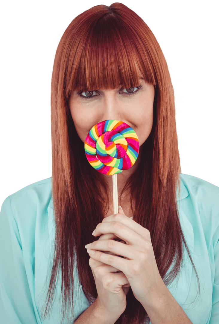 Excited Woman Holding Lollipop with CasualStyle on Transparent Background