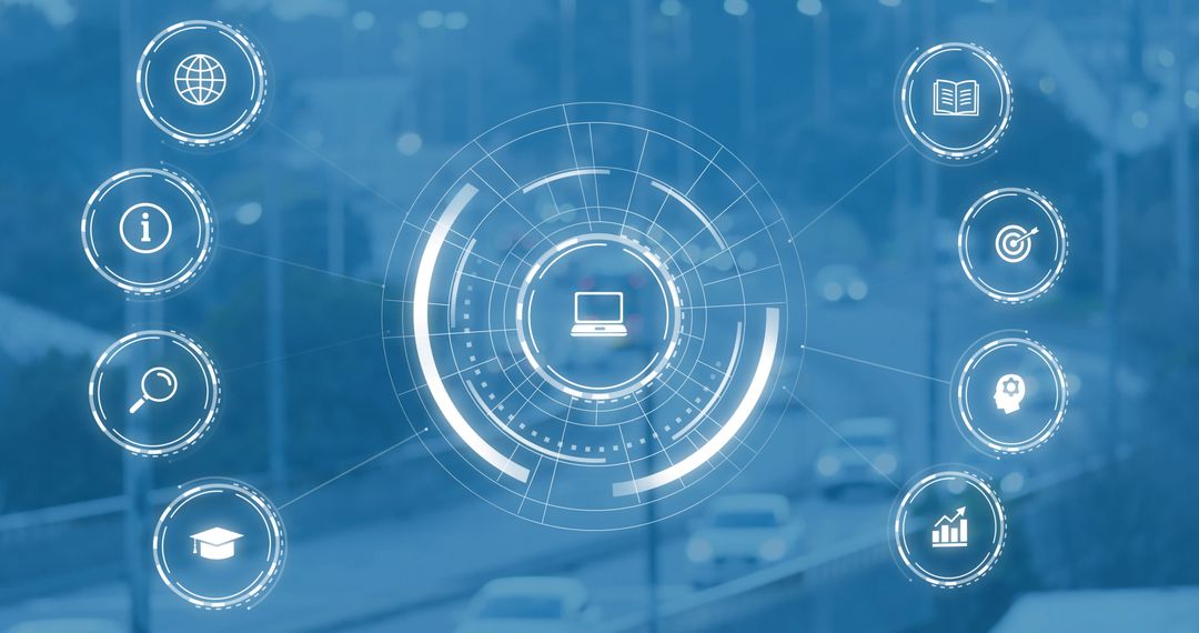 Futuristic HUD Interface with Educational Tech Icons over Highway