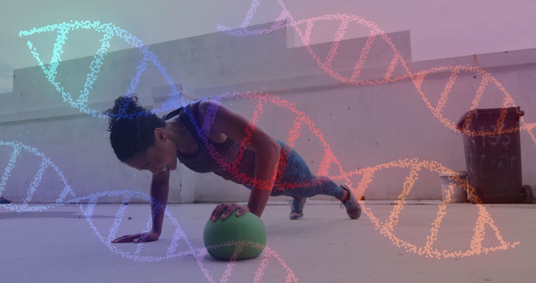 Woman Exercising with Virtual DNA Strands Concept