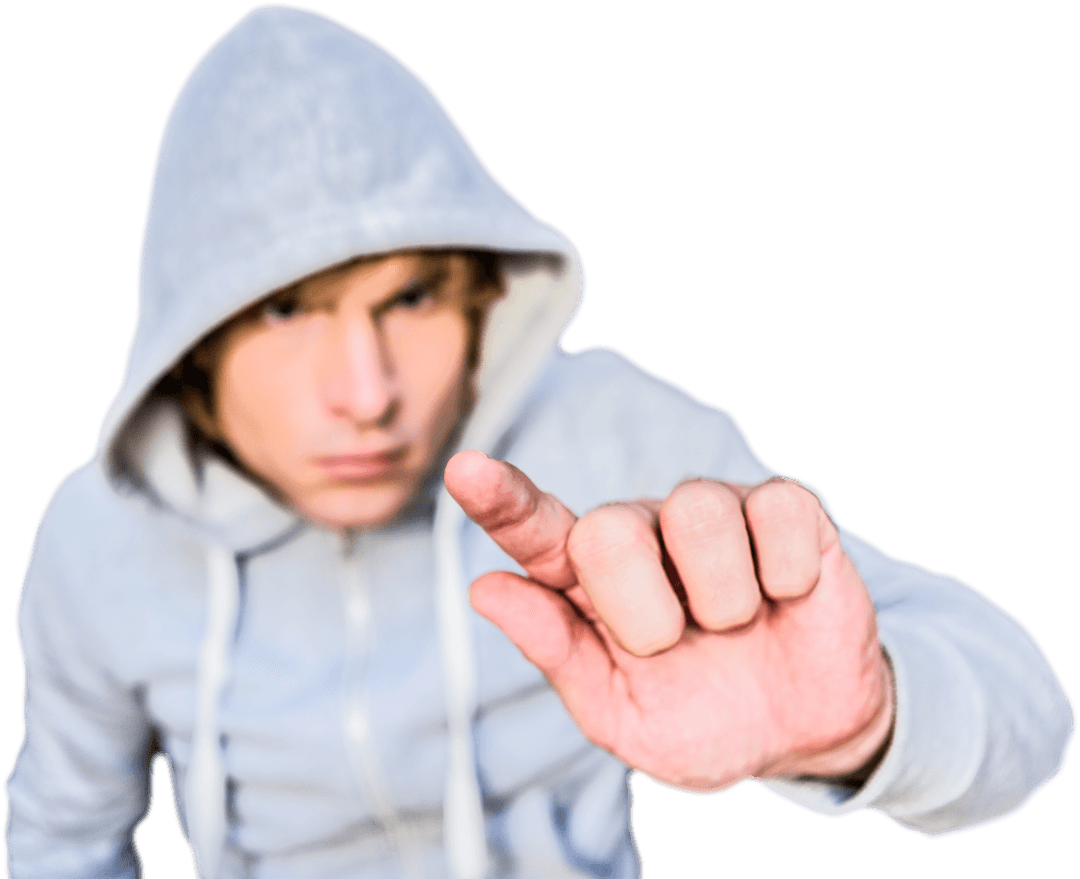 Caucasian Man in Hoodie Pointing Finger on Transparent Background