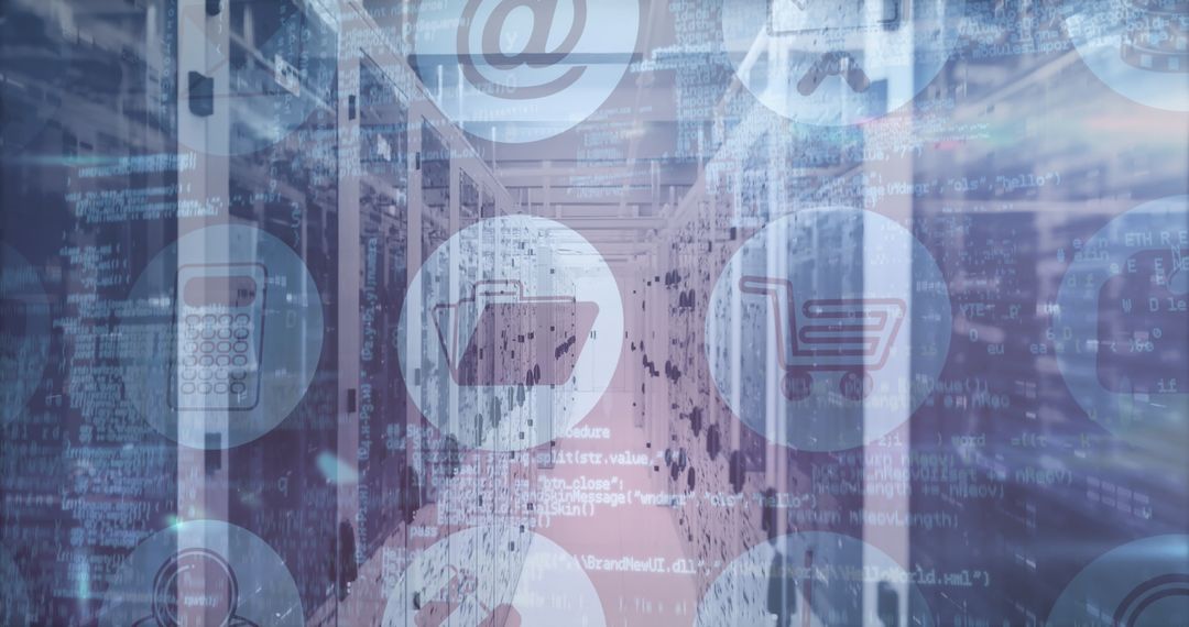 Digital Icons Overlapping Modern Server Room
