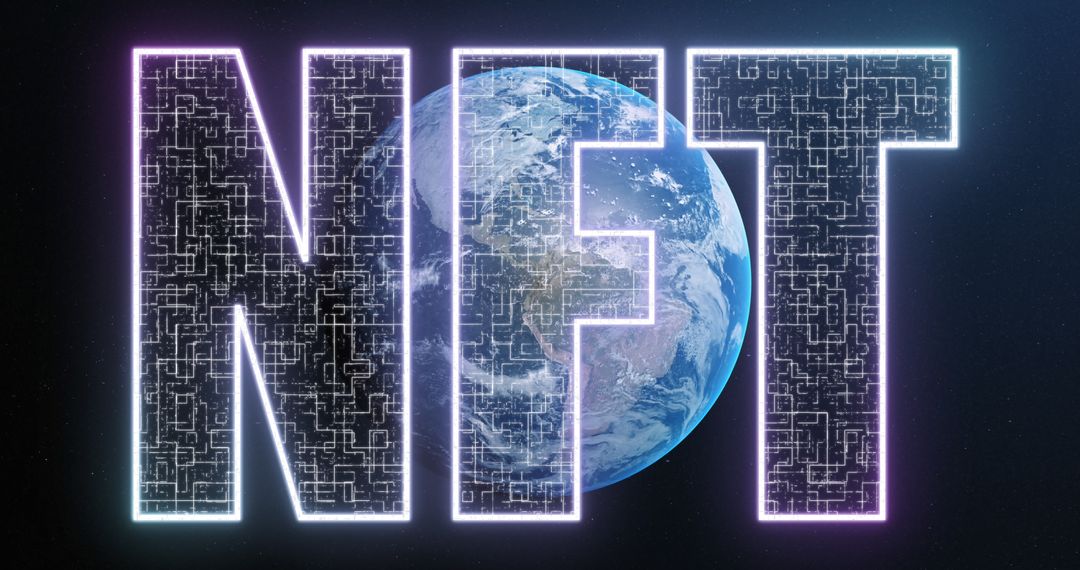 NFT Digital Text Overlaying Earth with Digital Tech Elements