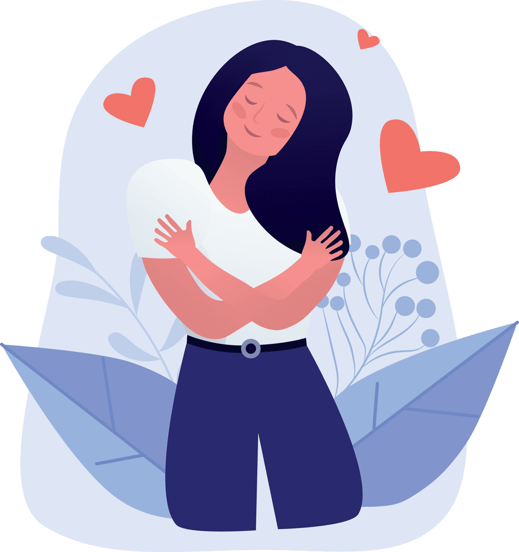 Transparent Background Woman Embracing Self with Hearts