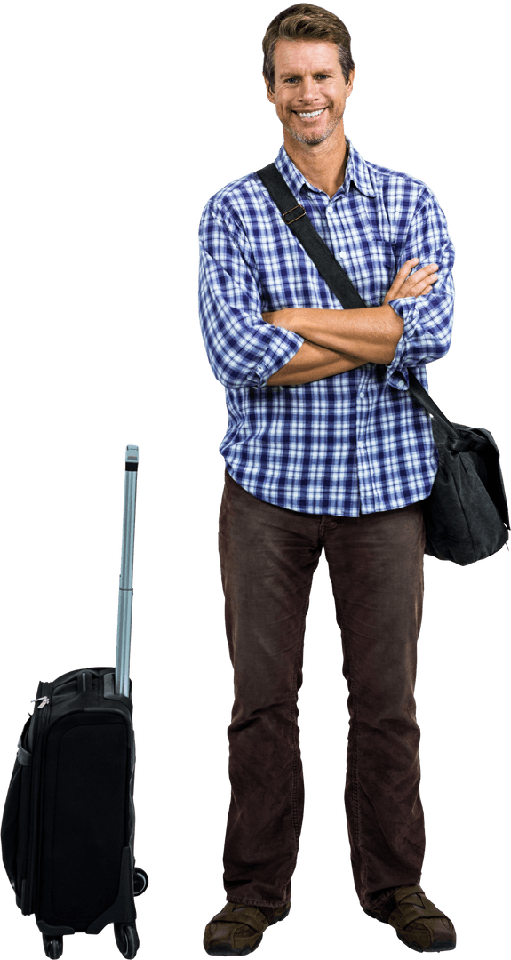 Smiling Man with Luggage in Plaid Shirt on Transparent Background