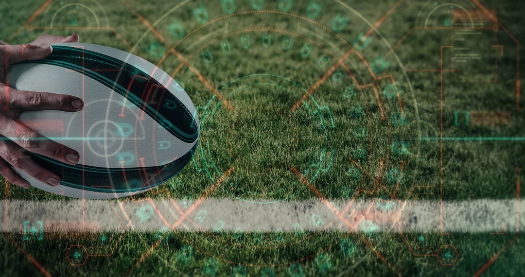 Rugby Ball in Hand with Digital Interface Elements Display