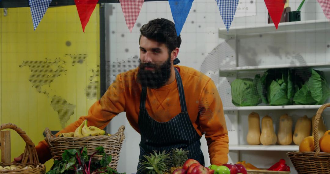 Vendor Arranging Fresh Produce at Local Market Stall