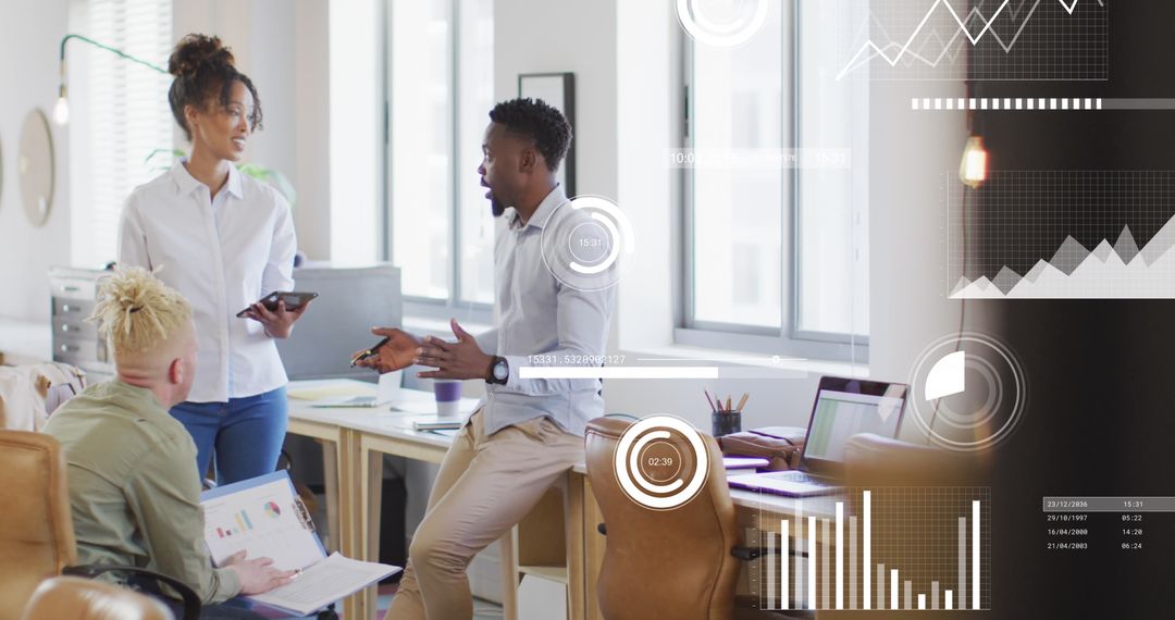 Diverse Professionals with Financial Data Holograms in Modern Office