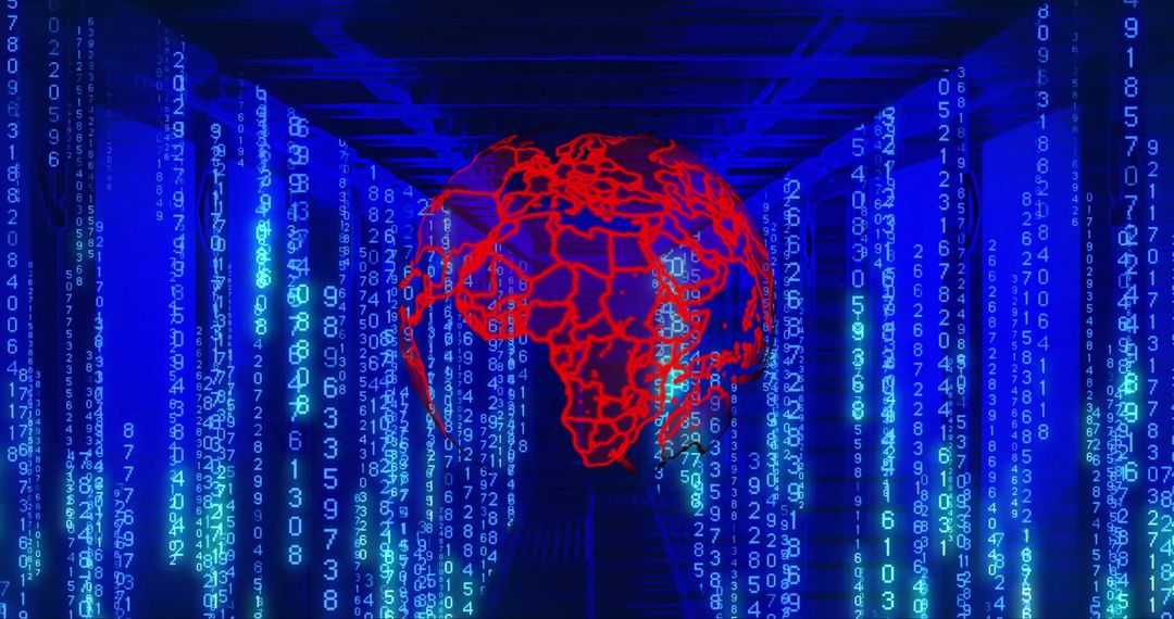 Digital globe with binary code projected over data servers