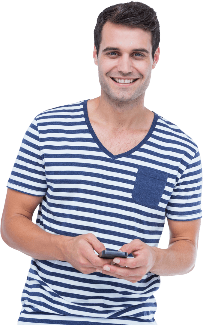 Transparent Smiling Man Texting in Striped Shirt