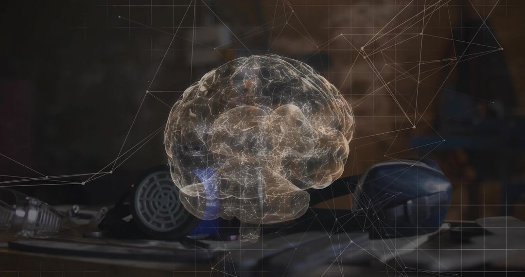 Brain Hologram Floating Above Workbench, Grid Wireframe Overlay