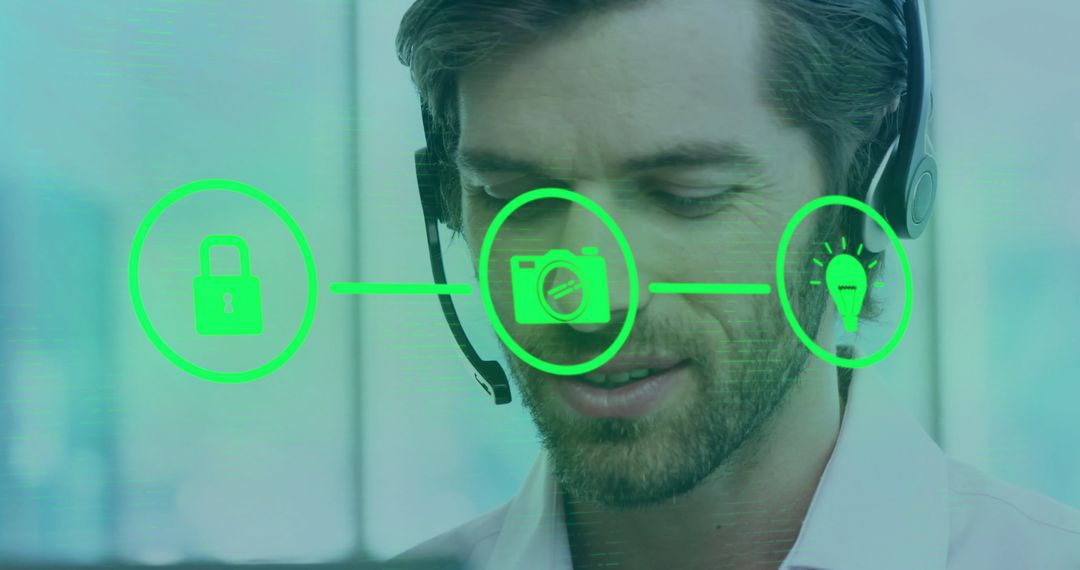 Businessman with Digital Media and Security Icons in Office