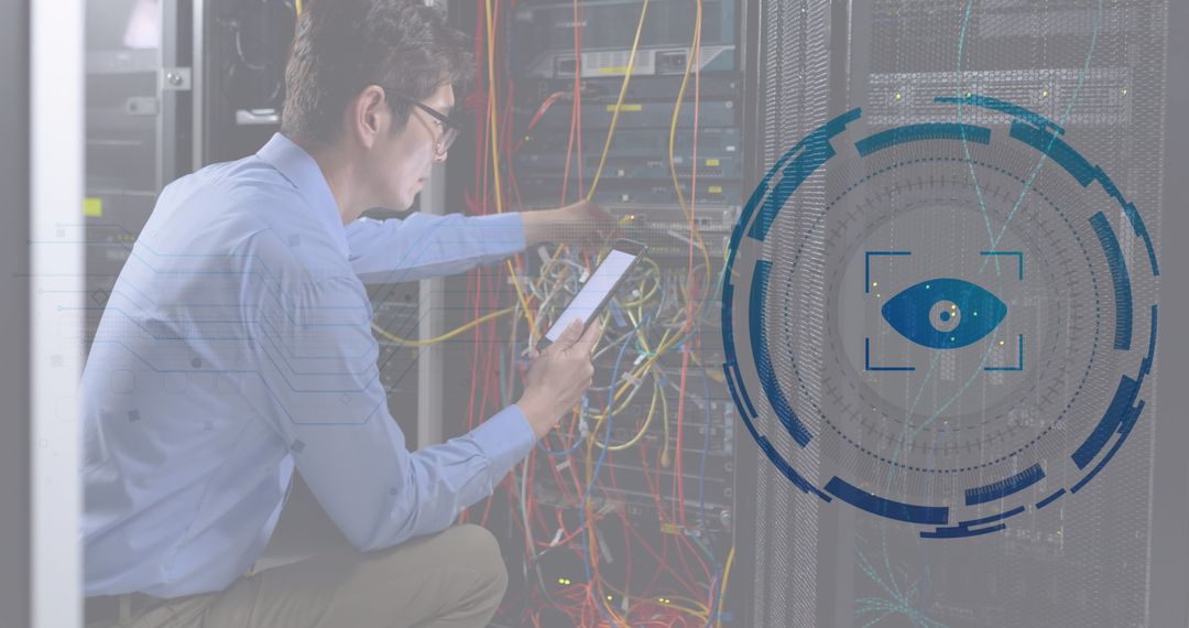 Engineer in Server Room with Digital Tablet and Eye Scanner Overlay