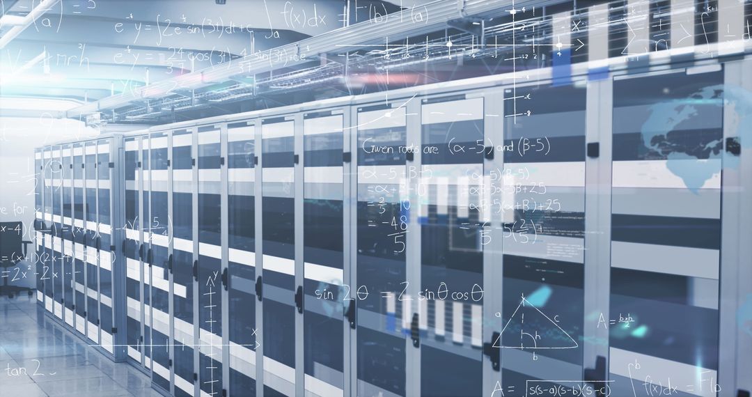 Futuristic Data Center Aisle with Digital Math Equation Overlay