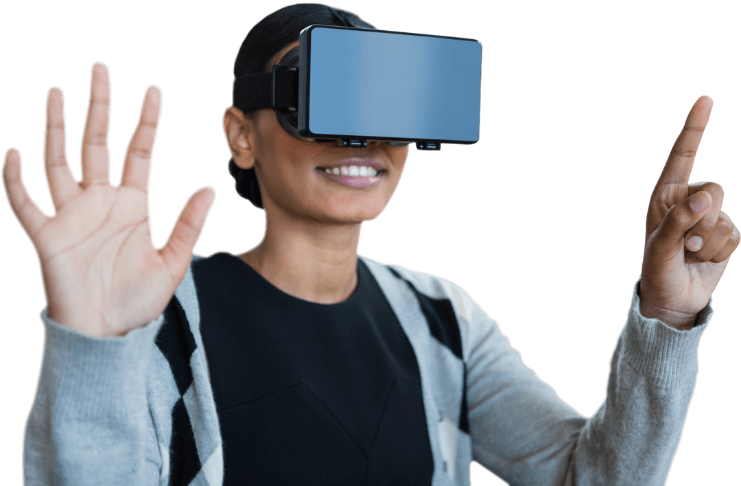 Smiling Woman Using Transparent Virtual Reality Glasses Gesturing