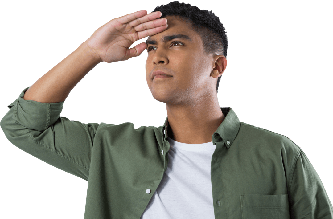 Man Looking Ahead and Shielding Eyes on Transparent Background