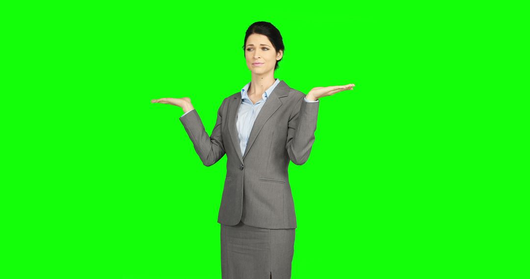 Professional Woman in Gray Suit Shrugging with Green Screen Background - Free Images, Stock Photos and Pictures on Pikwizard.com