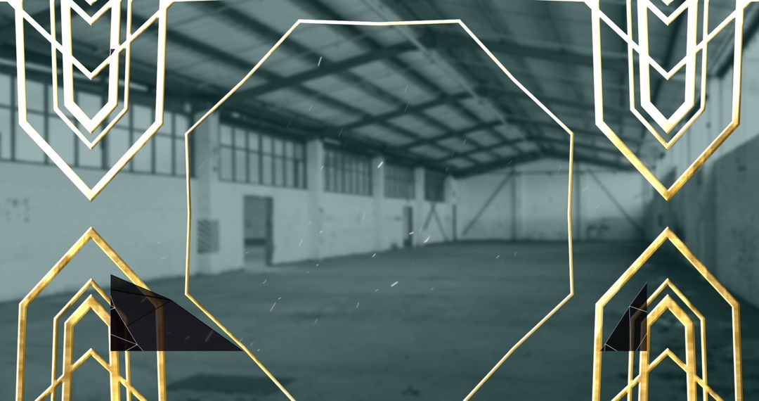 Golden Geometric Frame Overlooking Spacious Warehouse with Industrial Charm