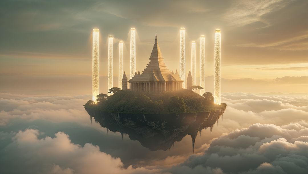 Floating god's temple above clouds with glowing pillars at sunset