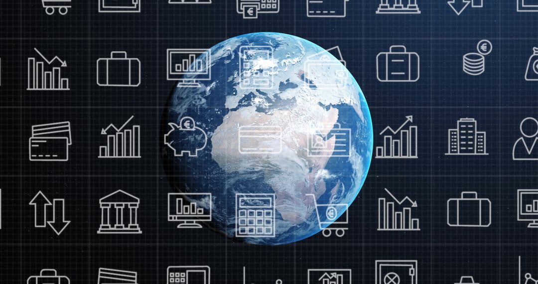 Globe with Financial Icons Representing Global Economy and Technology