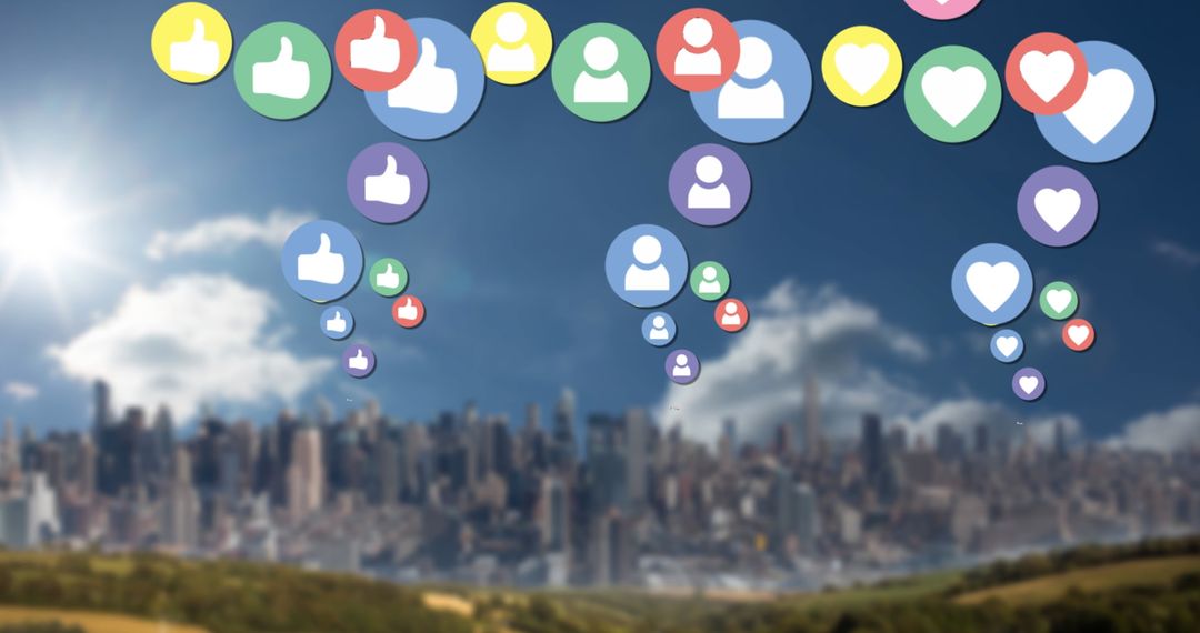 Social Media Interaction Icons Overlaying Urban Skyline