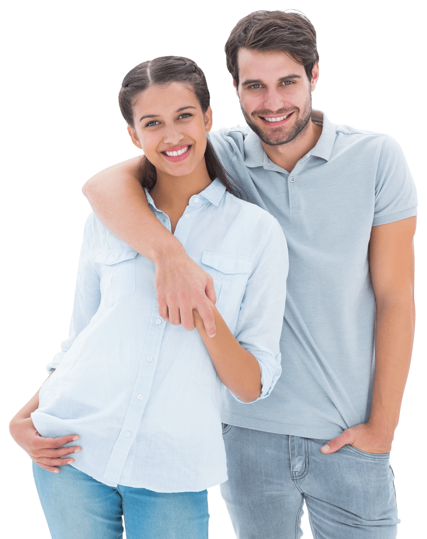 Transparent Couple Smiling Warmly Together in Casual Attire