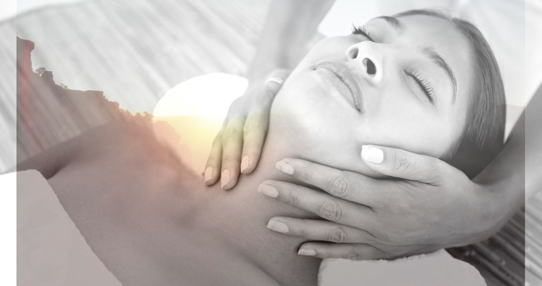 Monochrome Portrait of Woman Relaxing with Massage and Scenic Background