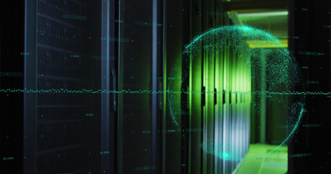 Digital Globe Over Green-Lit Data Servers in Modern Data Center