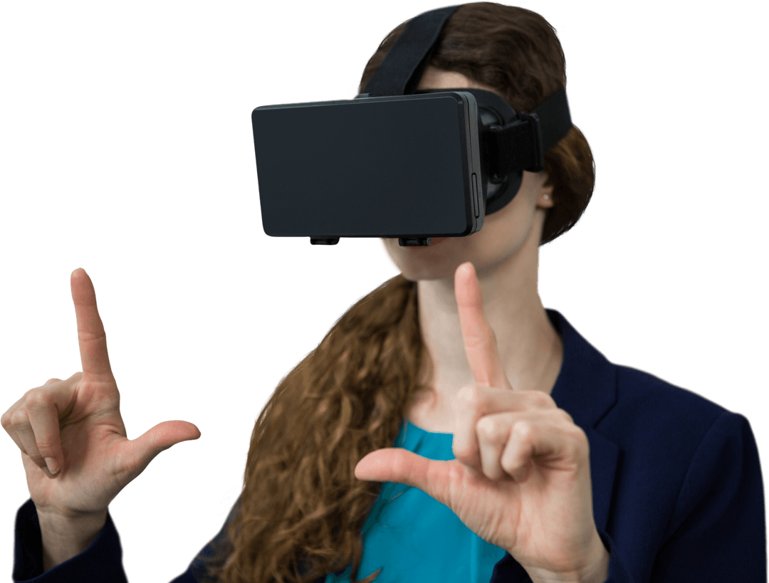 Transparent Virtual Reality Experience Woman Gesturing Hands