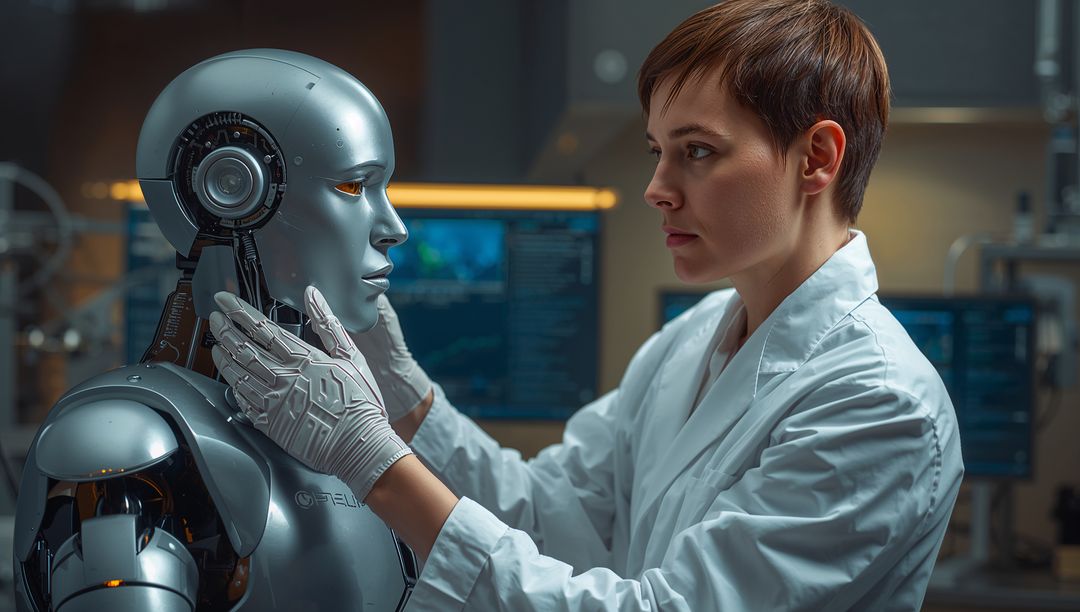 Researcher Examining Humanoid Robot in Advanced Lab Setting