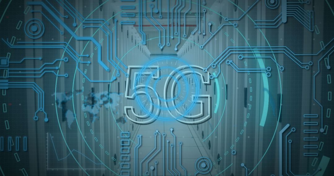 5G Technology Overlaid on Digital Server Room Background