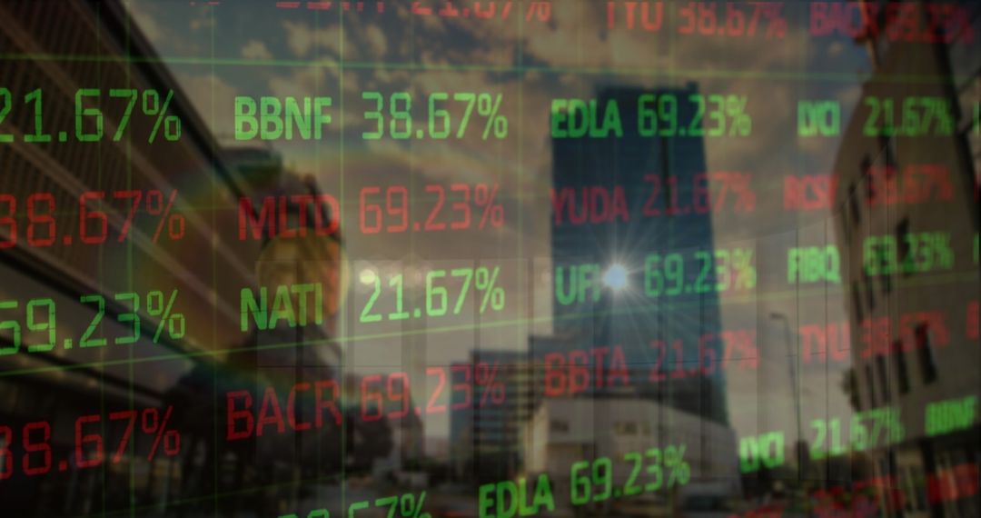 Stock Market Graphs Reflected Over Urban Skyline