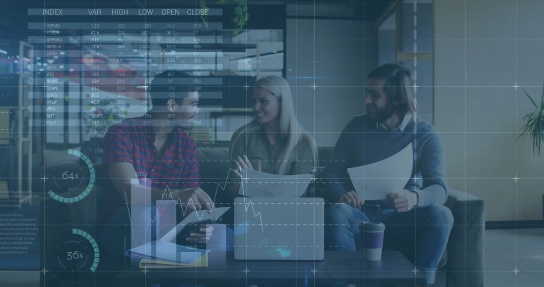 Diverse Team Collaborating on Financial Data Analysis with Technology