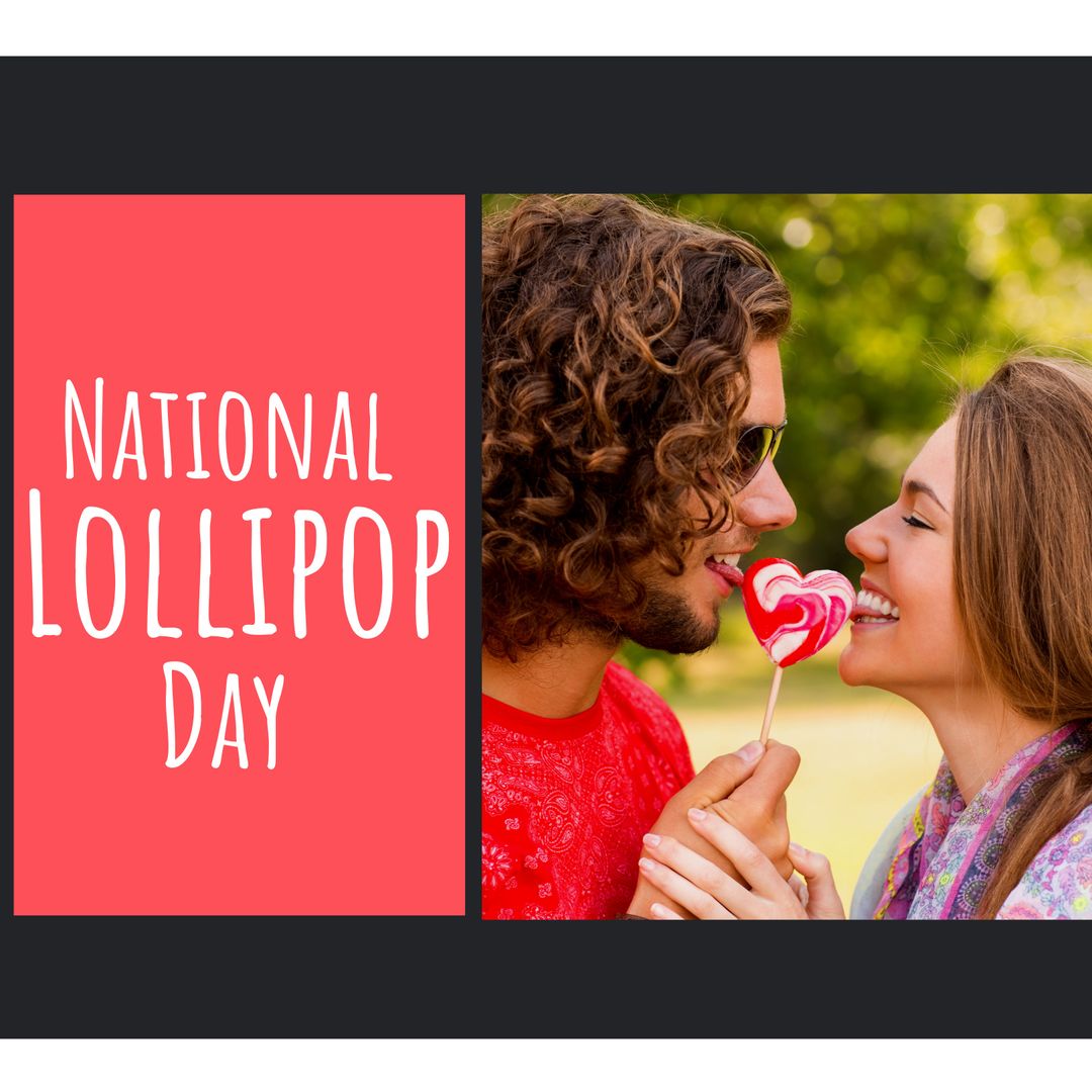 National lollipop day text with romantic caucasian young couple licking  lollipop at park, copy space from Pikwizard