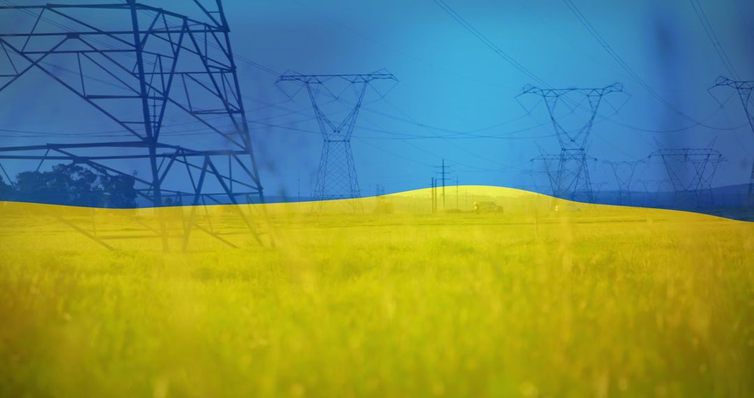 Flag of Ukraine Overlay on Field with Electricity Poles